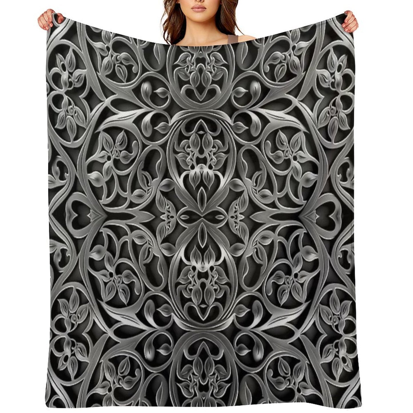 Luxurious Filigree Fern 3D Print - Silver And Black Designer Pattern for A Modern Classic Glam Home VI Throw Blanket