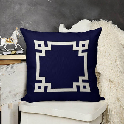 Greek Key Square White On Navy Blue Linen Throw Pillow Cover
