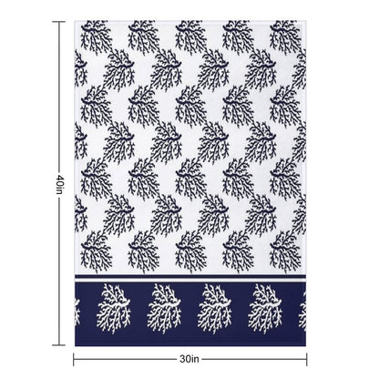 White And Navy Blue Corals Pattern Throw Blanket