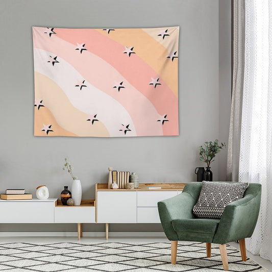 Peach Clouds & Stars Striped Pattern Tapestry