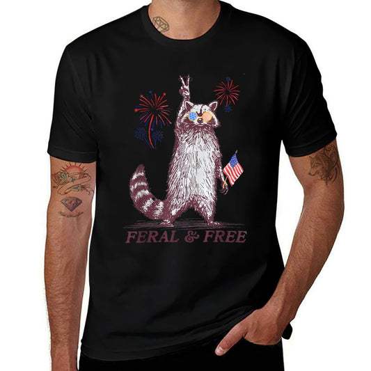 Feral & Free Funny Patriotic Racoon Feral And Free 4th July  Eco-friendly Material T-Shirt