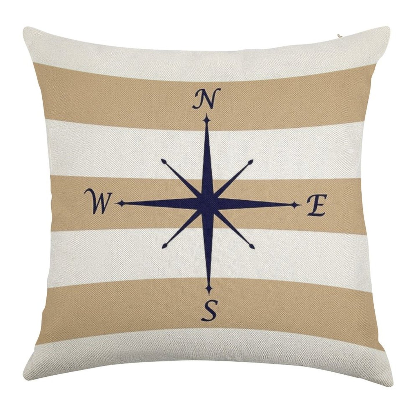 Nautical Navy Blue Compass On Tropical Tan And White Stripes Linen Throw Pillow Cover