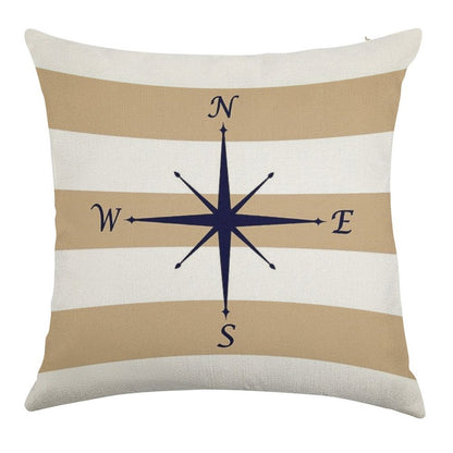 Nautical Navy Blue Compass On Tropical Tan And White Stripes Linen Throw Pillow Cover