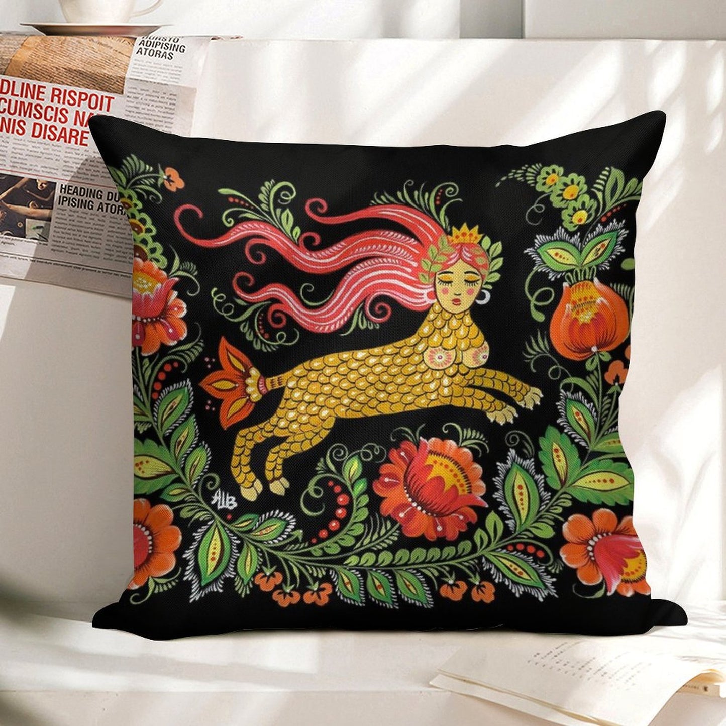 Magical Creature Folk Art (Lamia) Linen Throw Pillow Cover