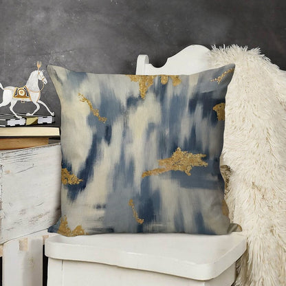 Blue And Gold Ikat Abstract Linen Throw Pillow Cover