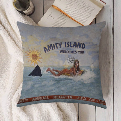 Welcome To Amity Island Linen Throw Pillow Cover