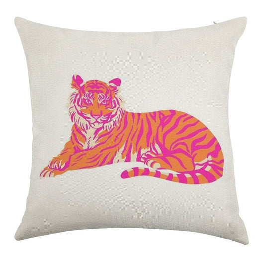 Pink And Orange Tiger Linen Throw Pillow Cover