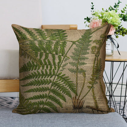 Vintage Foliage Hipster Botanical Print Fern Leaves Linen Throw Pillow Cover