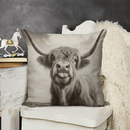 Cheeky Highland Cow Linen Throw Pillow Cover