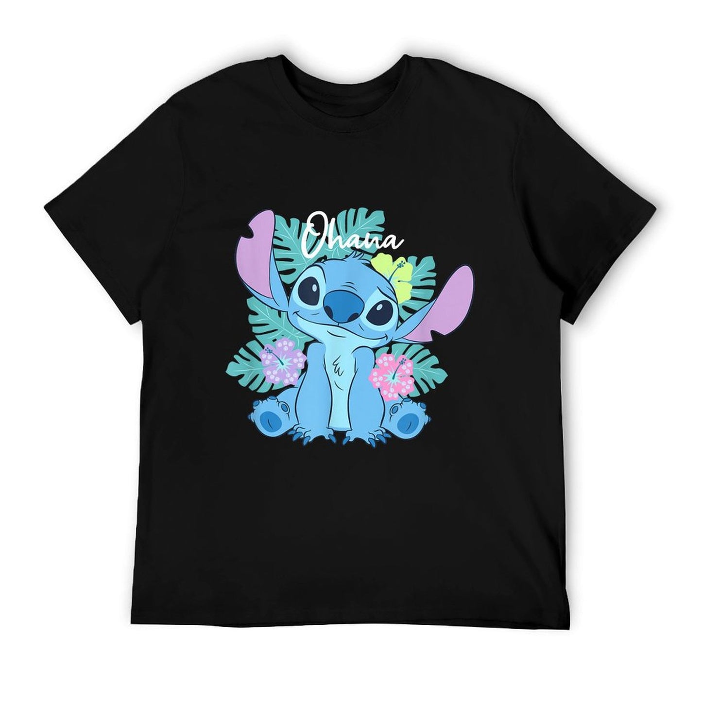 Lilo & Stitch Ohana Adorable Pose Floral Logo  Fade-proof Color T-Shirt