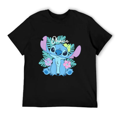 Lilo & Stitch Ohana Adorable Pose Floral Logo  Fade-proof Color T-Shirt