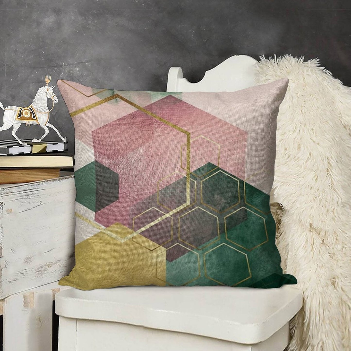 Emerald Green And Pink Geo No 3 Linen Throw Pillow Cover