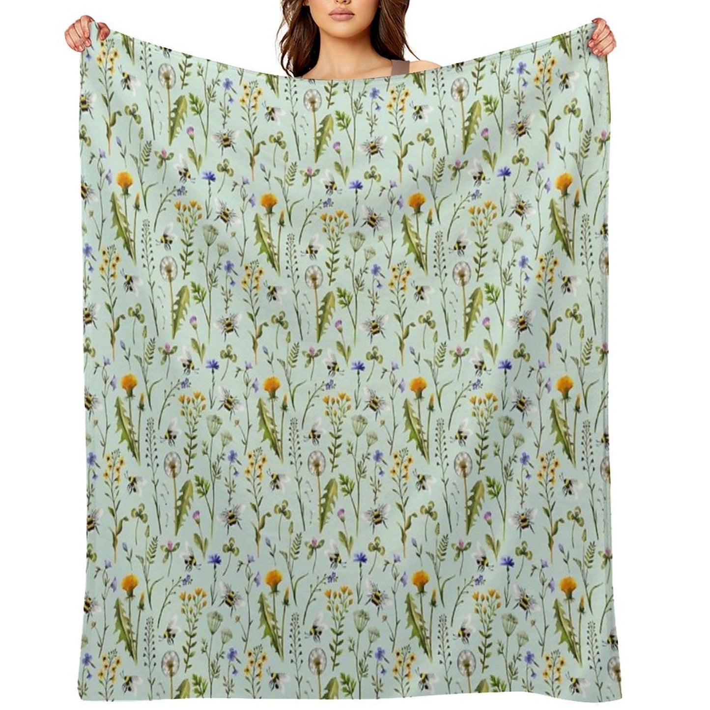 Bees And Wildflowers on Mint Throw Blanket