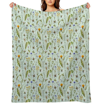 Bees And Wildflowers on Mint Throw Blanket