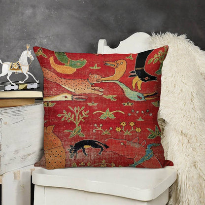 Animal Grotesques Mughal Carpet Fragment Linen Throw Pillow Cover