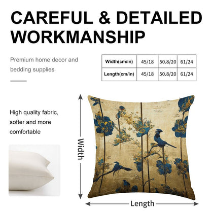 Blue And Gold Chinoiserie Painting with Birds And Flowers Linen Throw Pillow Cover
