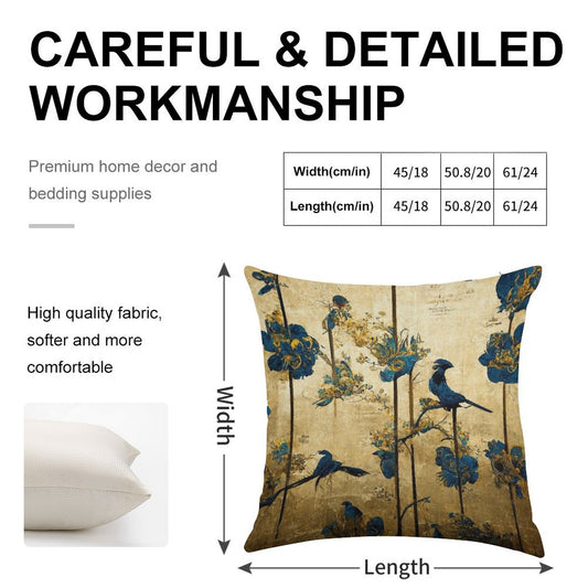 Blue And Gold Chinoiserie Painting with Birds And Flowers Linen Throw Pillow Cover