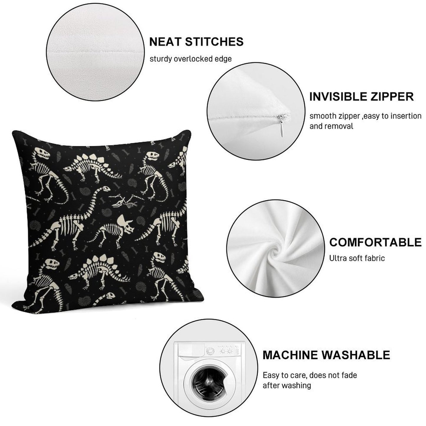 Dinosaur Fossils in Black Soft Shrink-Resistant Throw Pillow