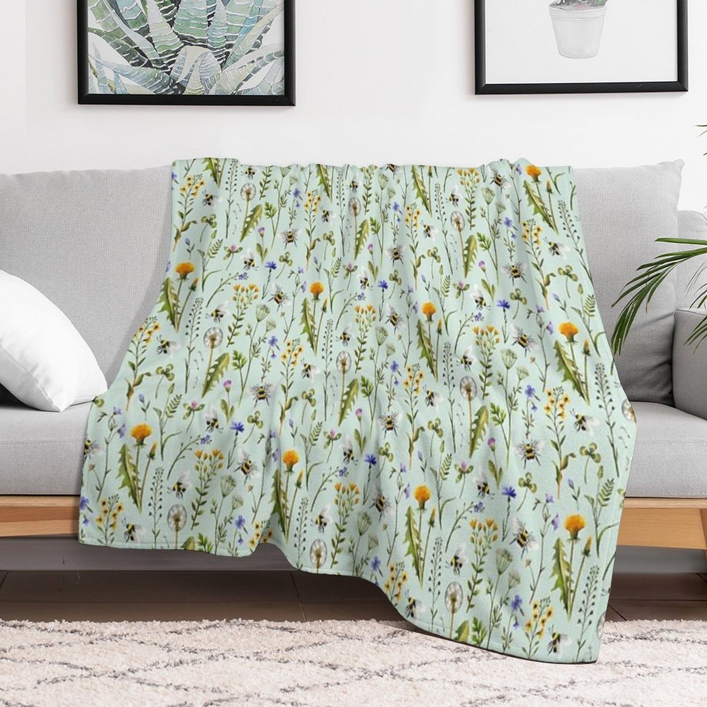 Bees And Wildflowers on Mint Throw Blanket