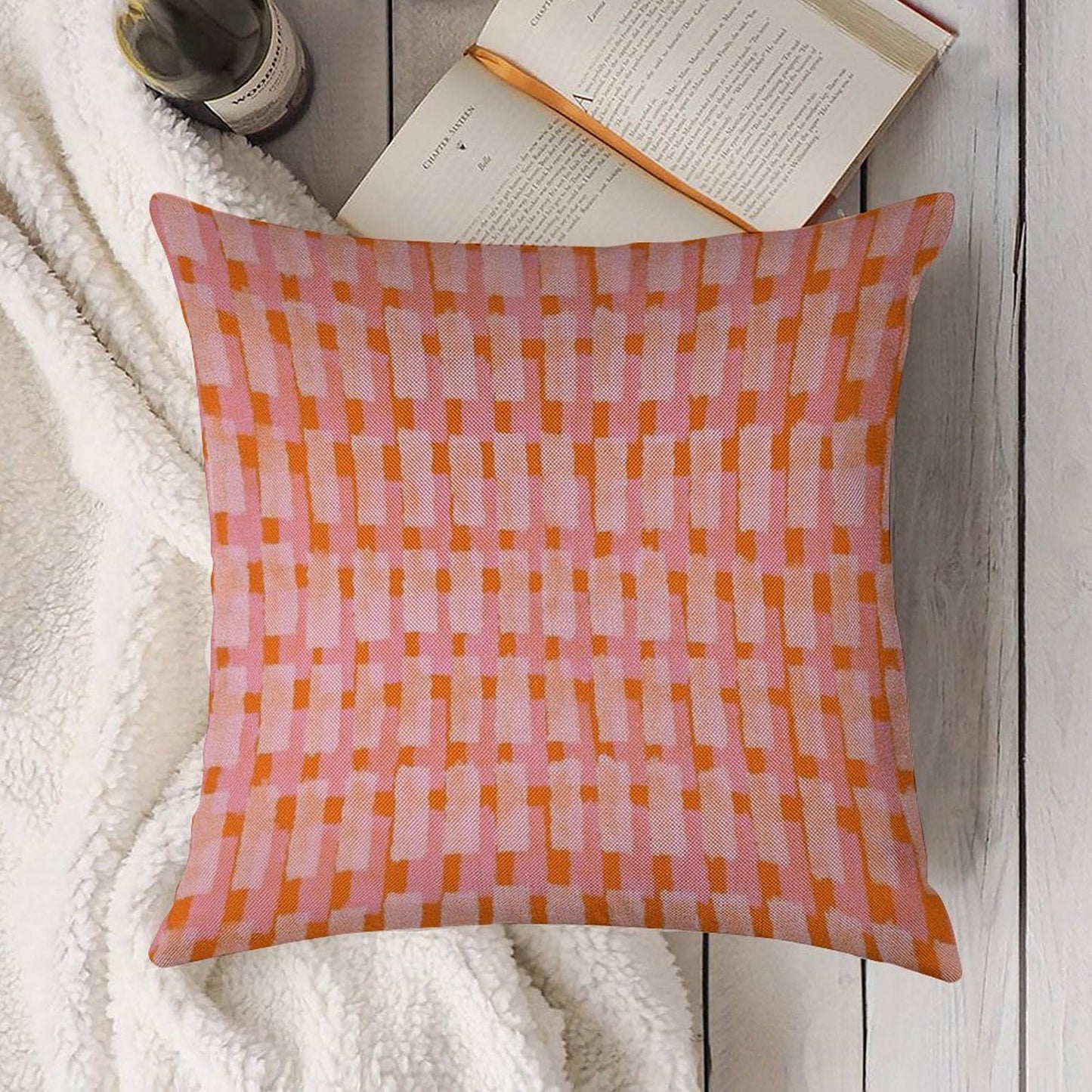 Pink And Orange, Brush Strokes, Geometric Linen Throw Pillow Cover
