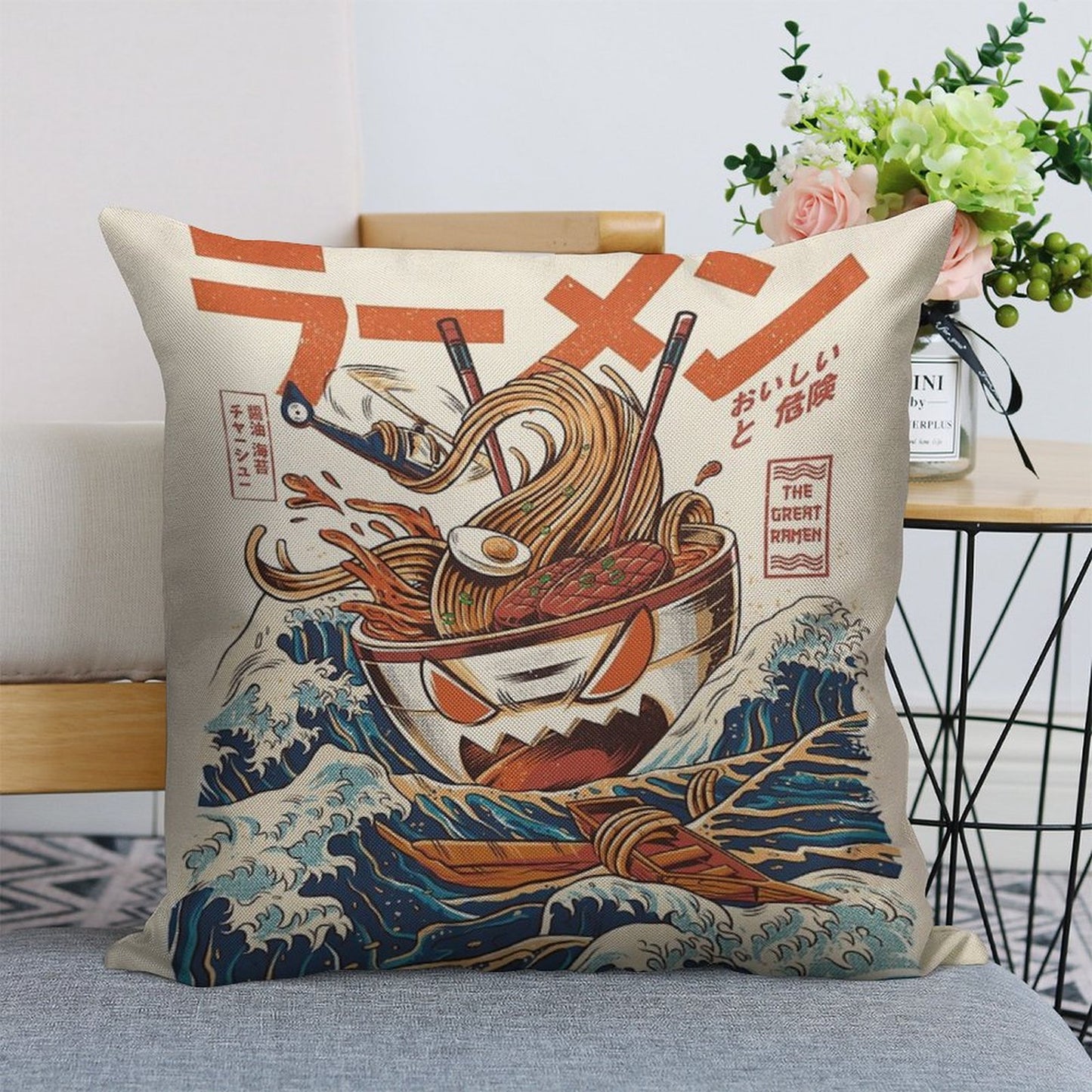 The Great Ramen Off Kanagawa Linen Throw Pillow Cover