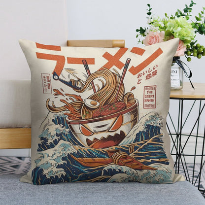 The Great Ramen Off Kanagawa Linen Throw Pillow Cover