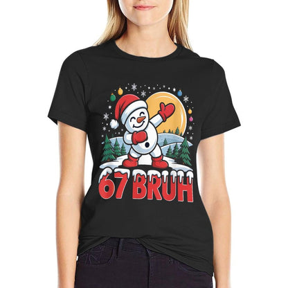 67 Bruh Funny Dabbing Snowman Santa Hat Winter Holiday  Soft T-Shirt