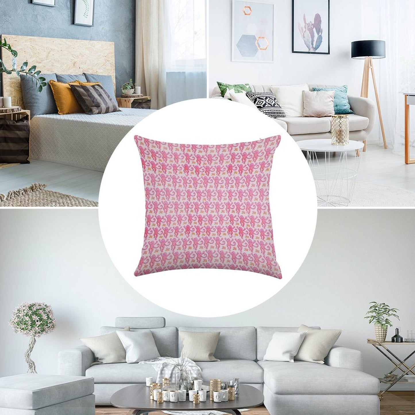 Pink Monkeys Linen Throw Pillow Cover