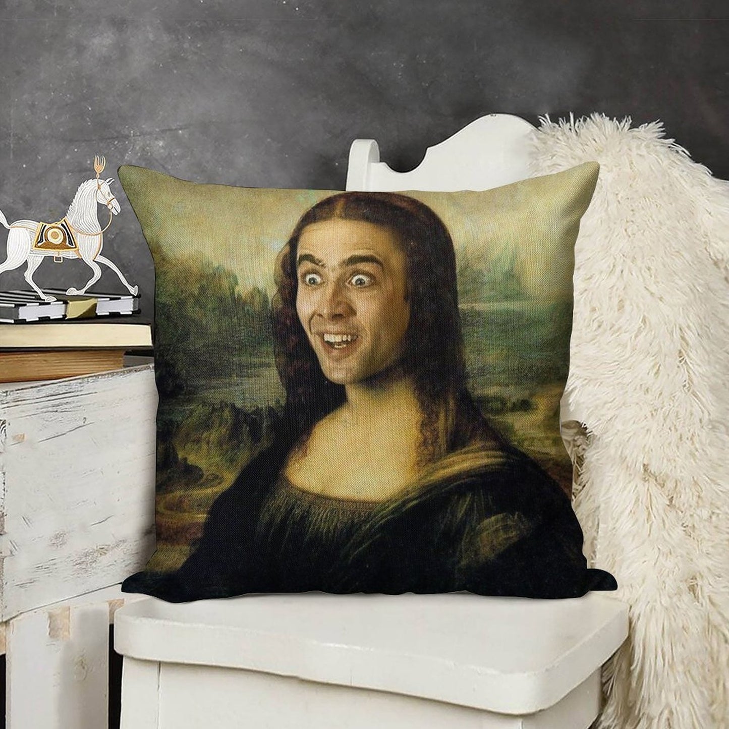 Nicolas Cage As The Mona Lisa Linen Throw Pillow Cover