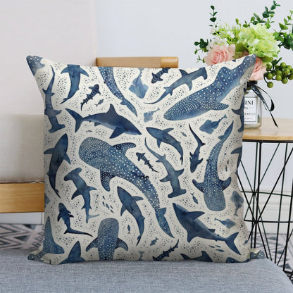 Monochrome Blue Watercolour Shark Ocean on White Linen Throw Pillow Cover