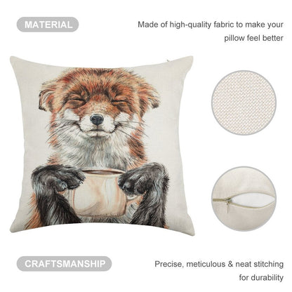 Morning Fox - Cute Coffee Animal Linen Throw Pillow Cover