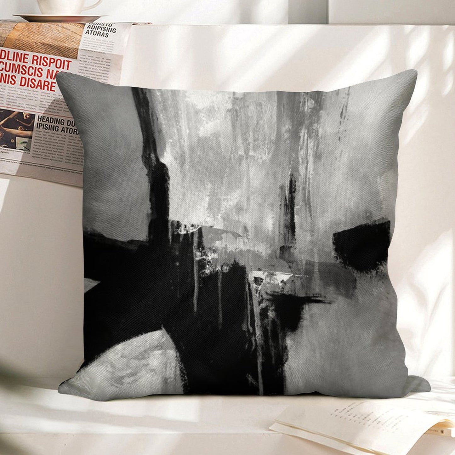 Black White Horizontal Abstract Linen Throw Pillow Cover
