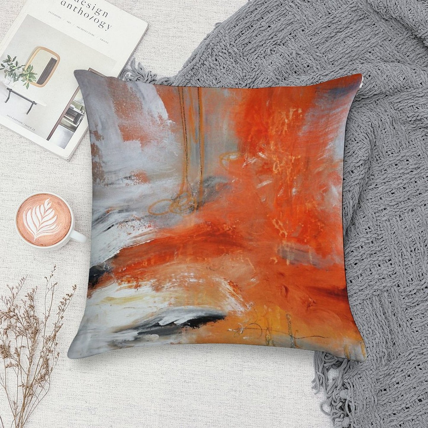 Red Orange Abstract Print Soft Luxury Feel Throw Pillow