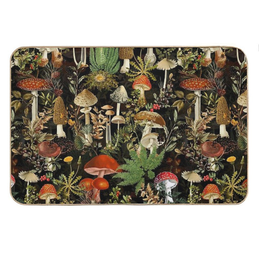 Vintage Midnight Mushrooms Forest Botanical Night Garden Pattern - Black Colorful Nightgarden Bath Mat