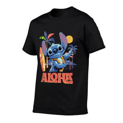 Disney Lilo & Stitch Aloha Hula Dance Distressed  Ribbed Collar T-Shirt