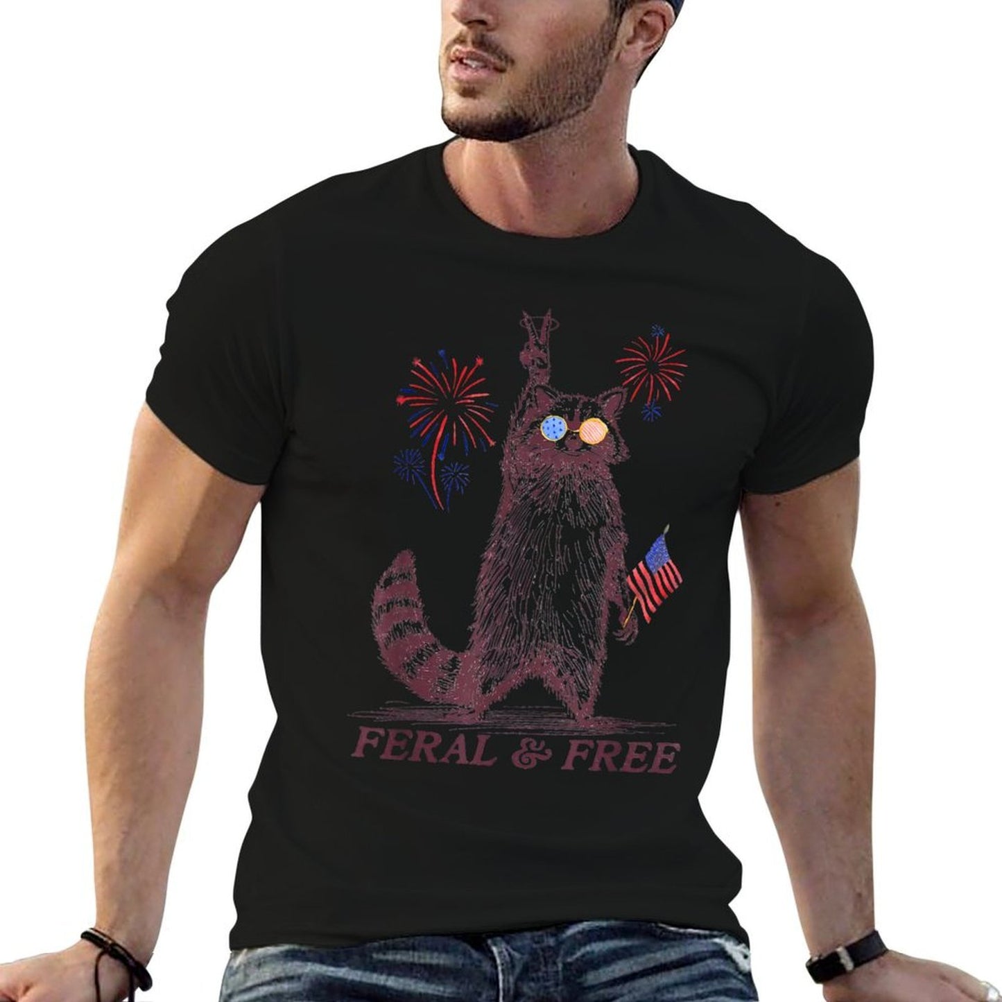 Feral & Free Funny Patriotic Racoon Feral And Free 4th July  Cotton T-Shirt