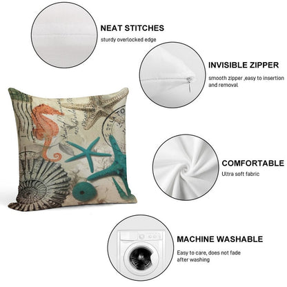 Dark Academia Coastal Seashell Teal Starfish Seahorse Ocean Beach Soft Short Plush Fabric Throw Pillow
