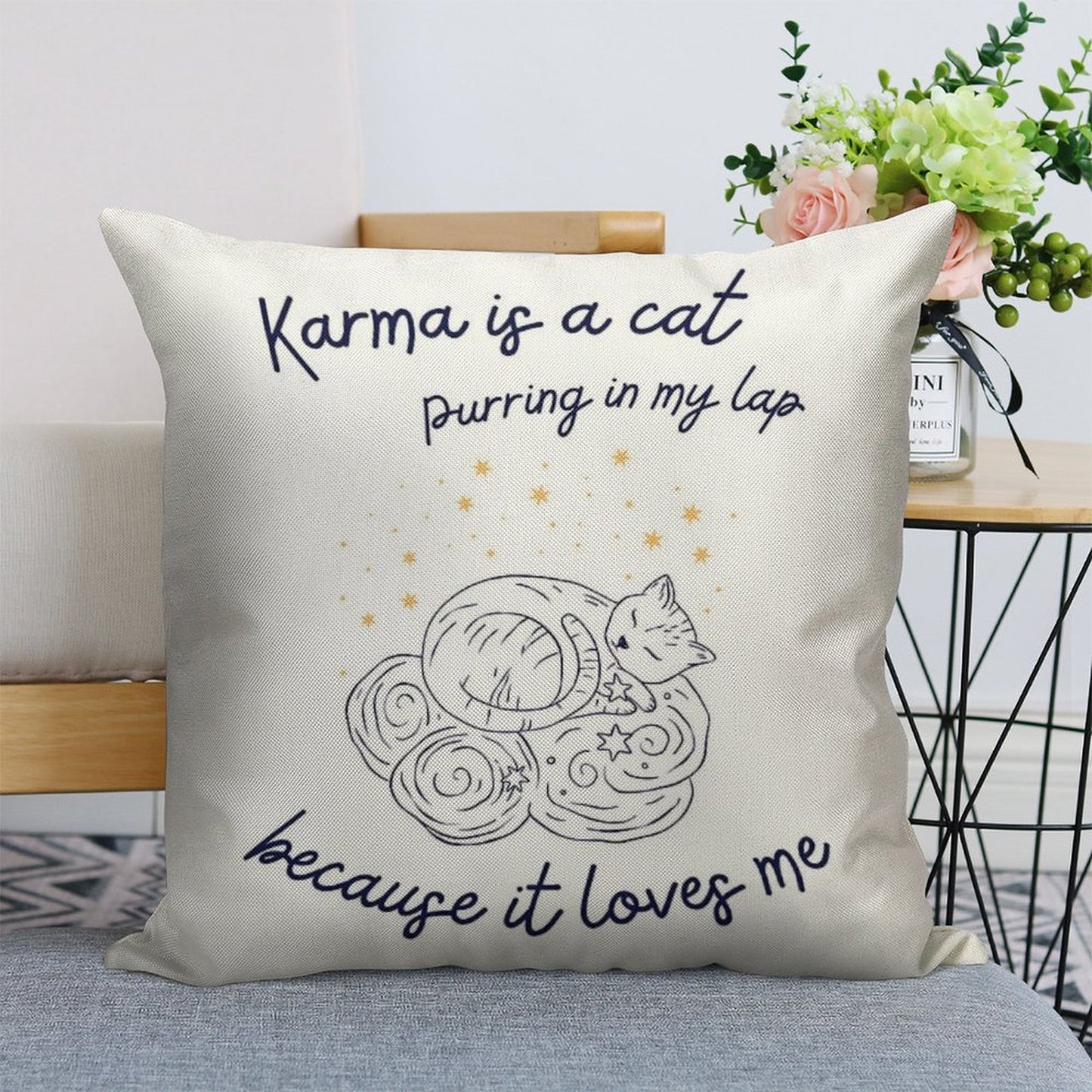Karma Is A Cat Linen Throw Pillow Cover