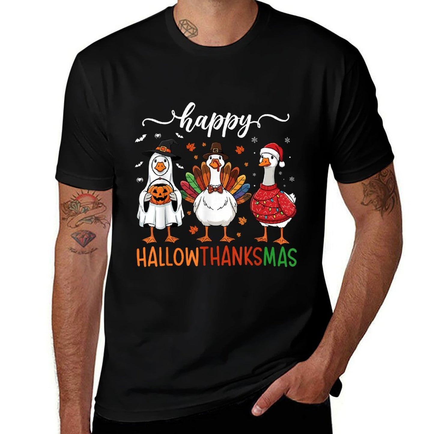 Happy Hallothanksmas Goose Halloween Thanksgiving Christmas  Lightweight T-Shirt