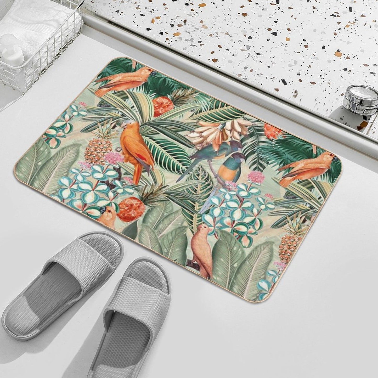 Vintage Orange Tropical Bird Jungle Botanical Garden Nightgarden Bath Mat
