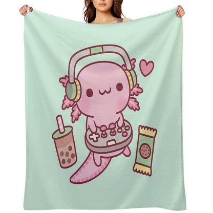 Cute Axolotl Loves Playing Video Games Funny Throw Blanket