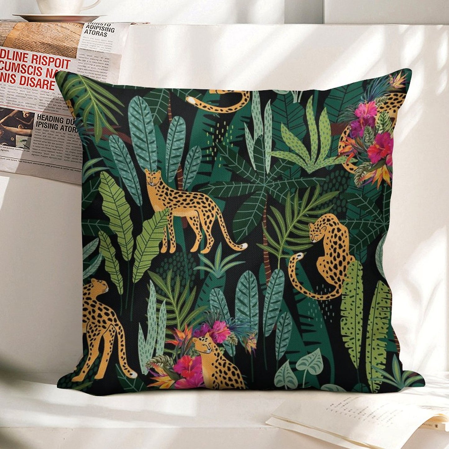 Tropical Cheetah Print Linen Throw Pillow Cover