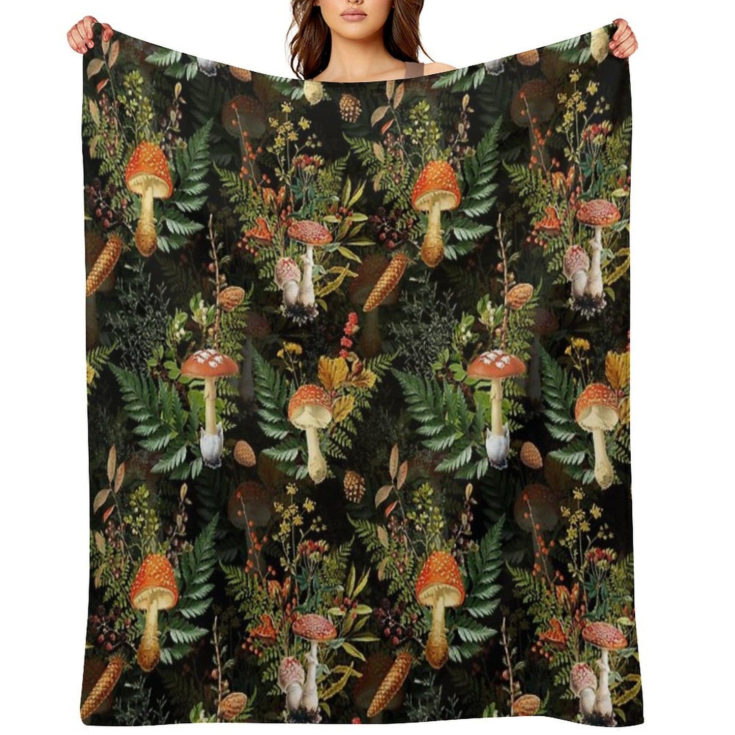Vintage Midnight Toadstools in The Forest Botanical Night Garden on Black Nightgarden Throw Blanket