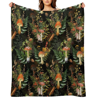 Vintage Midnight Toadstools in The Forest Botanical Night Garden on Black Nightgarden Throw Blanket