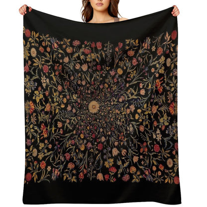 Medieval Flowers on Black Throw Blanket