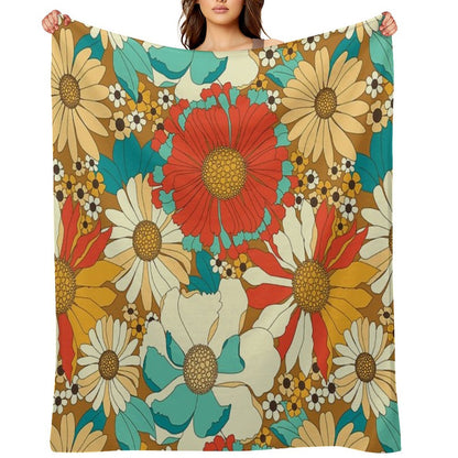 Red, Orange, Turquoise & Brown Retro Floral Pattern Throw Blanket