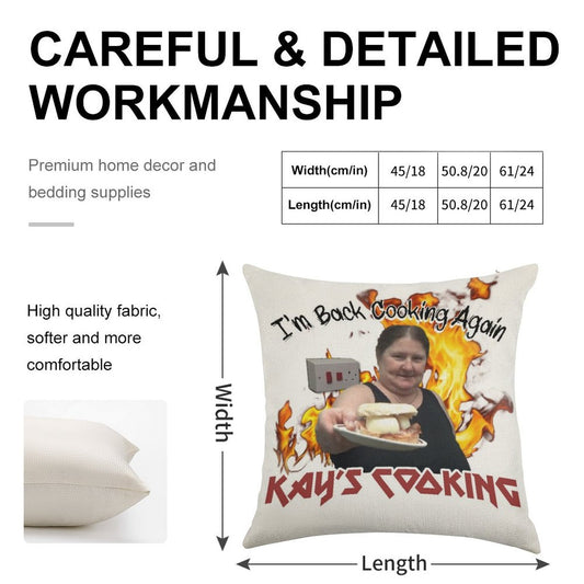 Kay's Cooking - I'm Back Cooking Again Linen Throw Pillow Cover