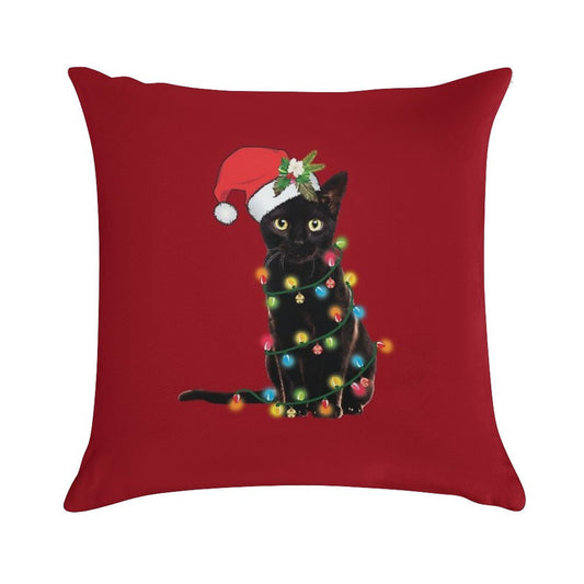 Santa Black Cat Tangled Up In Christmas Tree Lights Holiday Soft Washable Throw Pillow