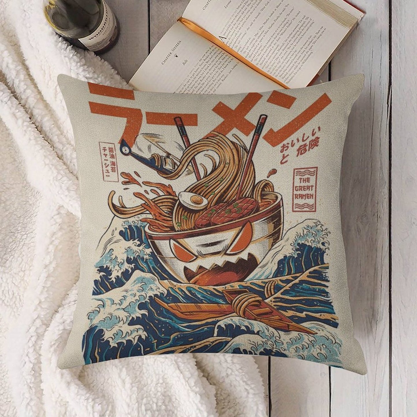 The Great Ramen Off Kanagawa Linen Throw Pillow Cover