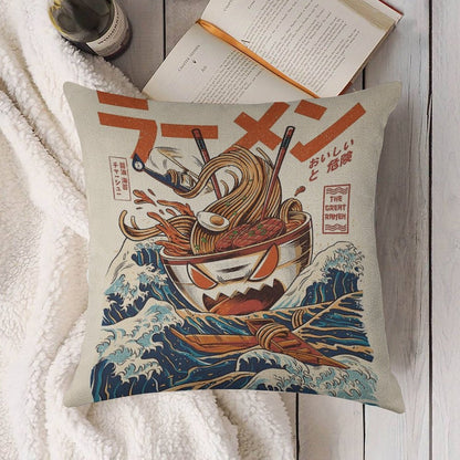 The Great Ramen Off Kanagawa Linen Throw Pillow Cover